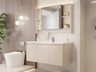 Modern Bathroom Interior With Wooden Walls Hanging Lights Vanity Beige Cabinets And Bathtub 3d model