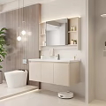 Modern Bathroom Interior With Wooden Walls Hanging Lights Vanity Beige Cabinets And Bathtub
