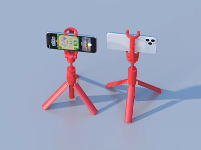Portable Red Phone Tripod Stands Holding Black And White Smartphones 3d model