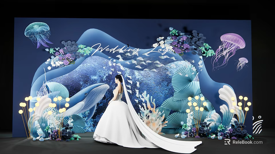 Elegant Ocean Theme Wedding Scene With Bridal Gown And Marine Decorations 3d model 
