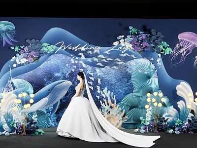 Elegant Ocean Theme Wedding Scene With Bridal Gown And Marine Decorations 3d model
