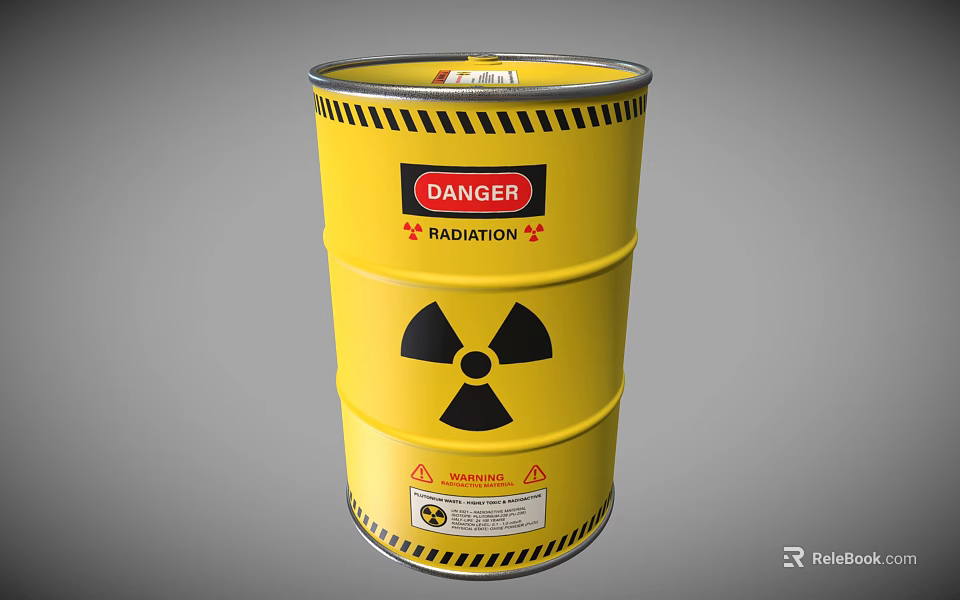 Industrial Equipment Yellow Radiation Hazardous Material Storage Barrel With Warning Signs 3d model 