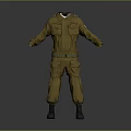 Brown Workwear Jumpsuit With Multiple Pockets White Collar Waist Belt And Gray Boots