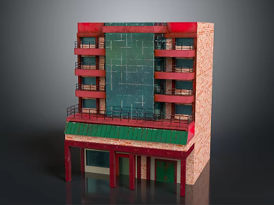 Architectural Model Building With Red Brick Walls Green Awning And Multiple Floor Balconies 3d model