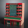 Architectural Model Building With Red Brick Walls Green Awning And Multiple Floor Balconies