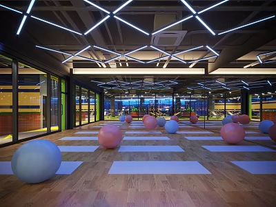 Modern Yoga Fitness Studio With Pink Blue Exercise Balls Wooden Floor And Geometric Lighting 3d model