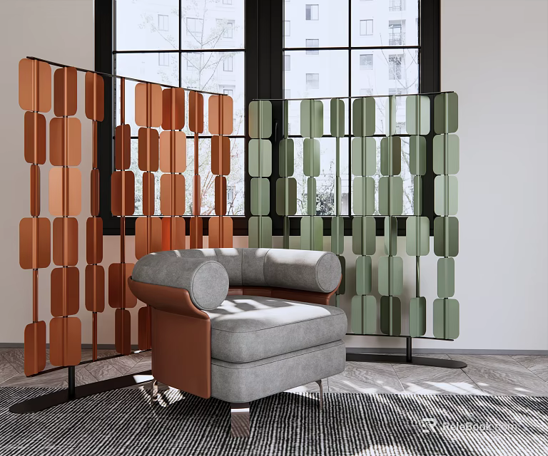 Modern Room Dividers With Orange Green Geometric Panels And Gray Brown Sofa In Living Space 3d model 