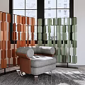 Modern Room Dividers With Orange Green Geometric Panels And Gray Brown Sofa In Living Space