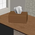 Wooden Tissue Box On Wooden Table With Window Blinds And Geometric Wall Pattern