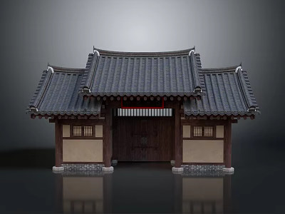 Traditional Chinese Architecture Gate With Tiled Roof And Wooden Door Design 3d model