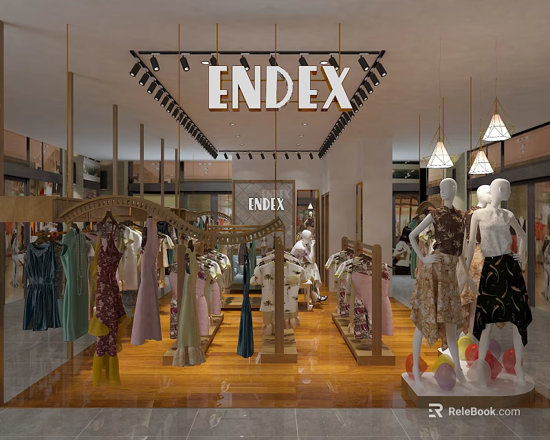 Modern Clothing Store Interior With Clothes Racks Mannequins Pendant Lights And Wooden Floors 3d model 