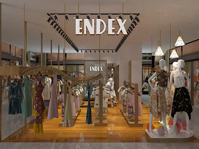 Modern Clothing Store Interior With Clothes Racks Mannequins Pendant Lights And Wooden Floors 3d model