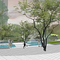Modern Plaza Landscape Design With Open Space People Activities Trees And Water Features