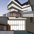 Modern Detached Single Family House With Large Glass Windows Columned Entrance Lawn And Driveway