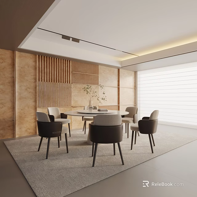Modern Elegant Dining Set with Round Table Six Chairs Wooden Wall Roller Blinds and Rug 3d model 