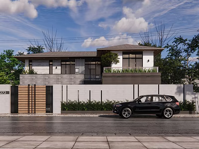 Modern Single Family House Exterior With Stone Wall Black SUV And Trees Under Cloudy Sky 3d model