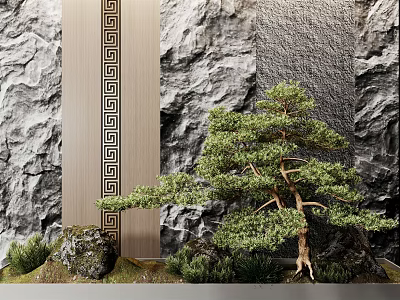 Garden Ornament Featuring Bonsai Pine Tree Rocky Stone Wall Geometric Panel And Mossy Ground 3d model