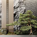 Garden Ornament Featuring Bonsai Pine Tree Rocky Stone Wall Geometric Panel And Mossy Ground