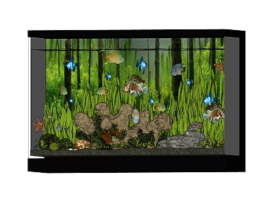 Colorful Freshwater Aquarium with Fish Aquatic Plants Rocks and Starfish Decorations 3d model