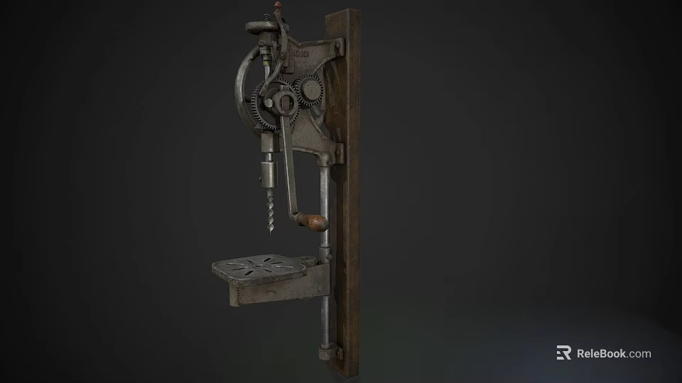 Vintage Industrial Manual Drill Press Machine With Metal Components Wooden Mounting Board And Foot Pedal 3d model 