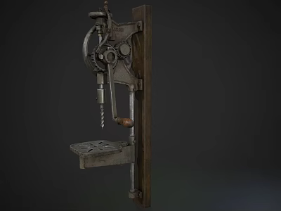 Vintage Industrial Manual Drill Press Machine With Metal Components Wooden Mounting Board And Foot Pedal 3d model