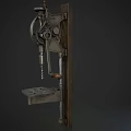 Vintage Industrial Manual Drill Press Machine With Metal Components Wooden Mounting Board And Foot Pedal