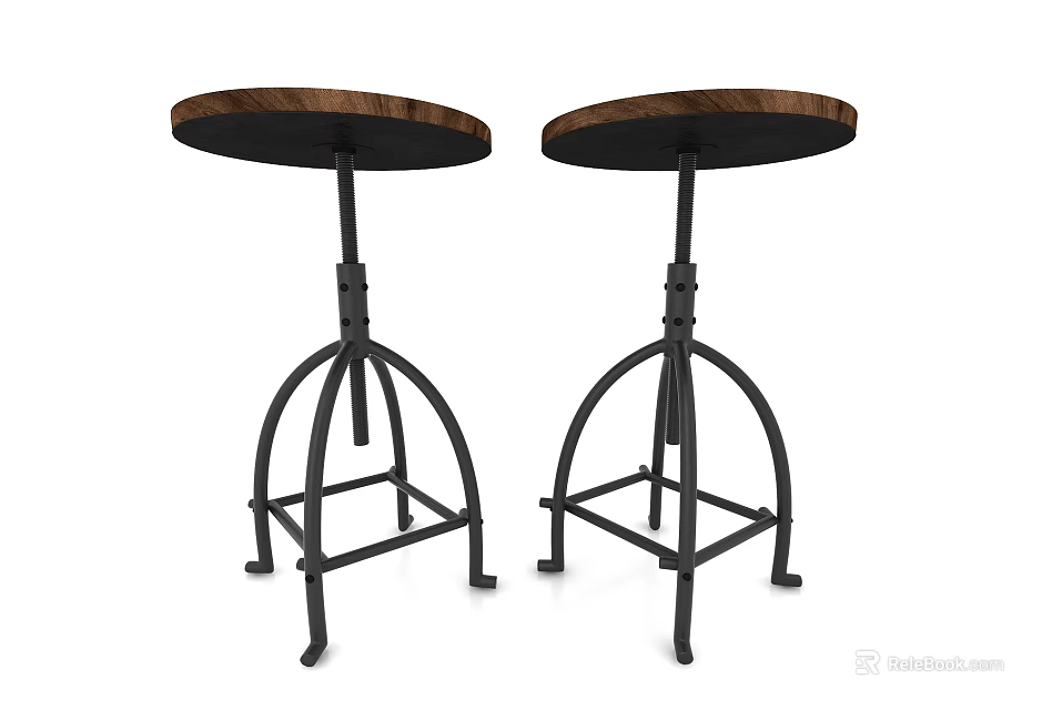 Modern Round Wooden Top Side Tables With Black Metal Frame Set of Two 3d model 