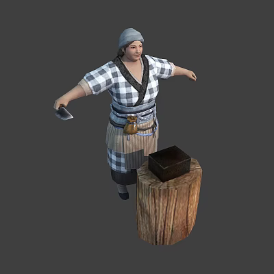 Portly Female Character Wearing Plaid Apron Holding Tool Near Wooden Stump Workstation 3d model