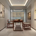 Chinese Style Leisure Area Interior Design With Landscape Mural Wooden Table Chairs Glass Partition