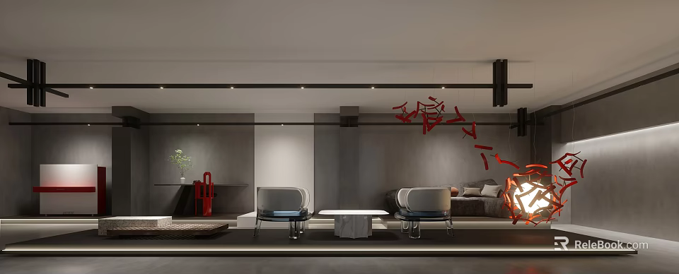 Modern Living Room Interior With Gray Sofa Red Decor And Chandelier 3d model 