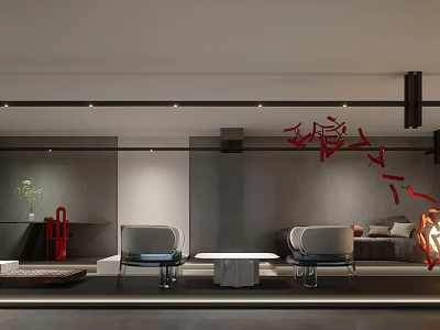 Modern Living Room Interior With Gray Sofa Red Decor And Chandelier 3d model