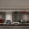 Modern Living Room Interior With Gray Sofa Red Decor And Chandelier