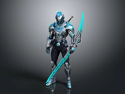 Futuristic Metallic Armor Character With Blue Glowing Sword And Shiny Details 3d model