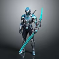 Futuristic Metallic Armor Character With Blue Glowing Sword And Shiny Details