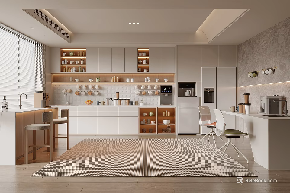 Modern Pantry Interior Design With Open Shelves Coffee Machine And Seating Furniture 3d model 