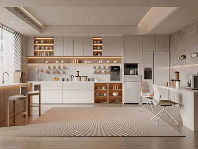 Modern Pantry Interior Design With Open Shelves Coffee Machine And Seating Furniture 3d model