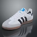 White Sports Sneakers with Black Stripes Blue Logo and Brown Sole Casual Retro Style Footwear