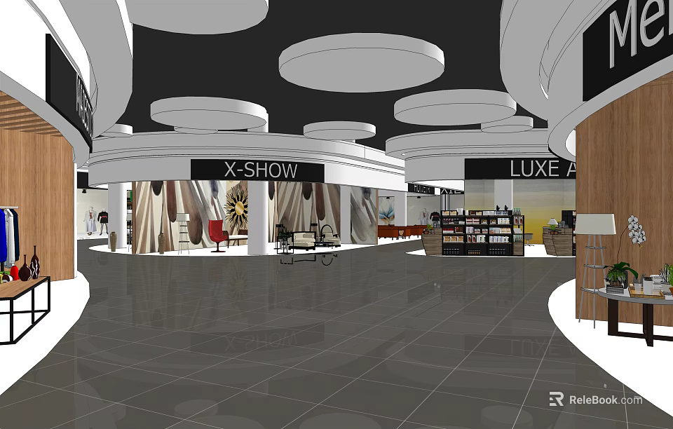 Spacious Shopping Mall Hall Featuring X SHOW LUXE A Exhibition Areas and Circular Ceiling Lights 3d model 