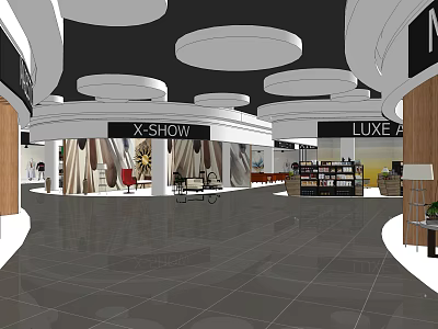 Spacious Shopping Mall Hall Featuring X SHOW LUXE A Exhibition Areas and Circular Ceiling Lights 3d model