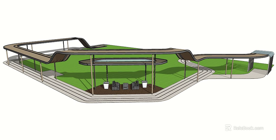 Modern Curved Pergola Design With Seating Area Green Lawn And Paved Ground 3d model 