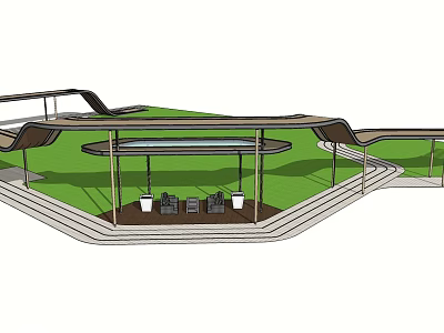 Modern Curved Pergola Design With Seating Area Green Lawn And Paved Ground 3d model