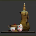 Household Tea Set With Yellow Teapot Small Bowl Red Fruits White Cups And Woven Mat