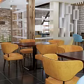 Modern Café Interior Design With Tables Chairs Menu Board Warm Lighting And Decorative Plants