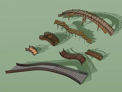 Scenic Landscape Bridges With Various Curved Wooden Designs And Unique Structures 3d model
