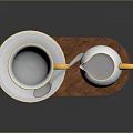 Decorative White Teacup And Milk Jug With Gold Trim On Wooden Tray Including Silver Spoon