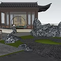 Traditional Chinese Garden Landscape With Pavilion Rock Formations And Stone Paved Ground