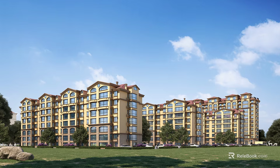 Modern Residential Building Exterior With Yellow Facade Red Roof Green Lawn Trees And Blue Sky 3d model 