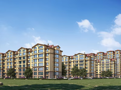 Modern Residential Building Exterior With Yellow Facade Red Roof Green Lawn Trees And Blue Sky 3d model