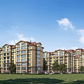 Modern Residential Building Exterior With Yellow Facade Red Roof Green Lawn Trees And Blue Sky