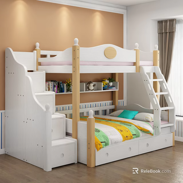 White Bunk Bed with Staircase Bookshelf and Storage Drawers in Kids Room 3d model 